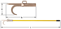 A pike pole with a fireman hook attached to the end of a long yellow fiberglass pole, shown from two vertical angles. The top view displays the hook and spear while the bottom view shows the full length of the pole with a black grip at the opposite end.